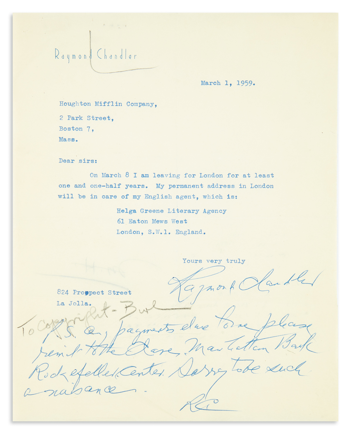 CHANDLER, RAYMOND. Two Typed Letters Signed, Ray or in full, to his publisher, Houghton Mifflin.